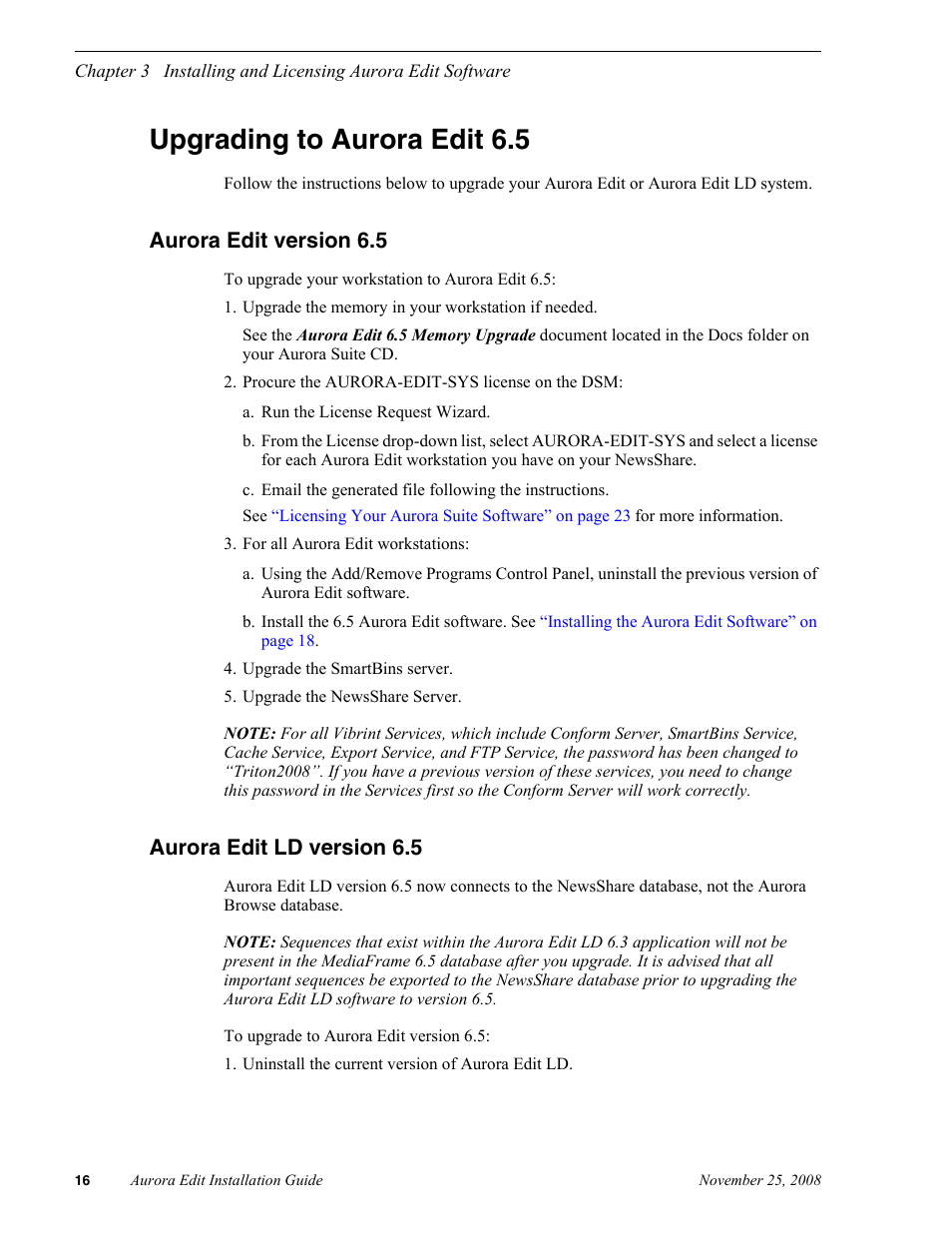 Upgrading to aurora edit 6.5, Aurora edit version 6.5, Aurora edit ld version 6.5 | Aurora edit version 6.5 aurora edit ld version 6.5 | Grass Valley Aurora Edit LD v.6.5 Installation User Manual | Page 30 / 114