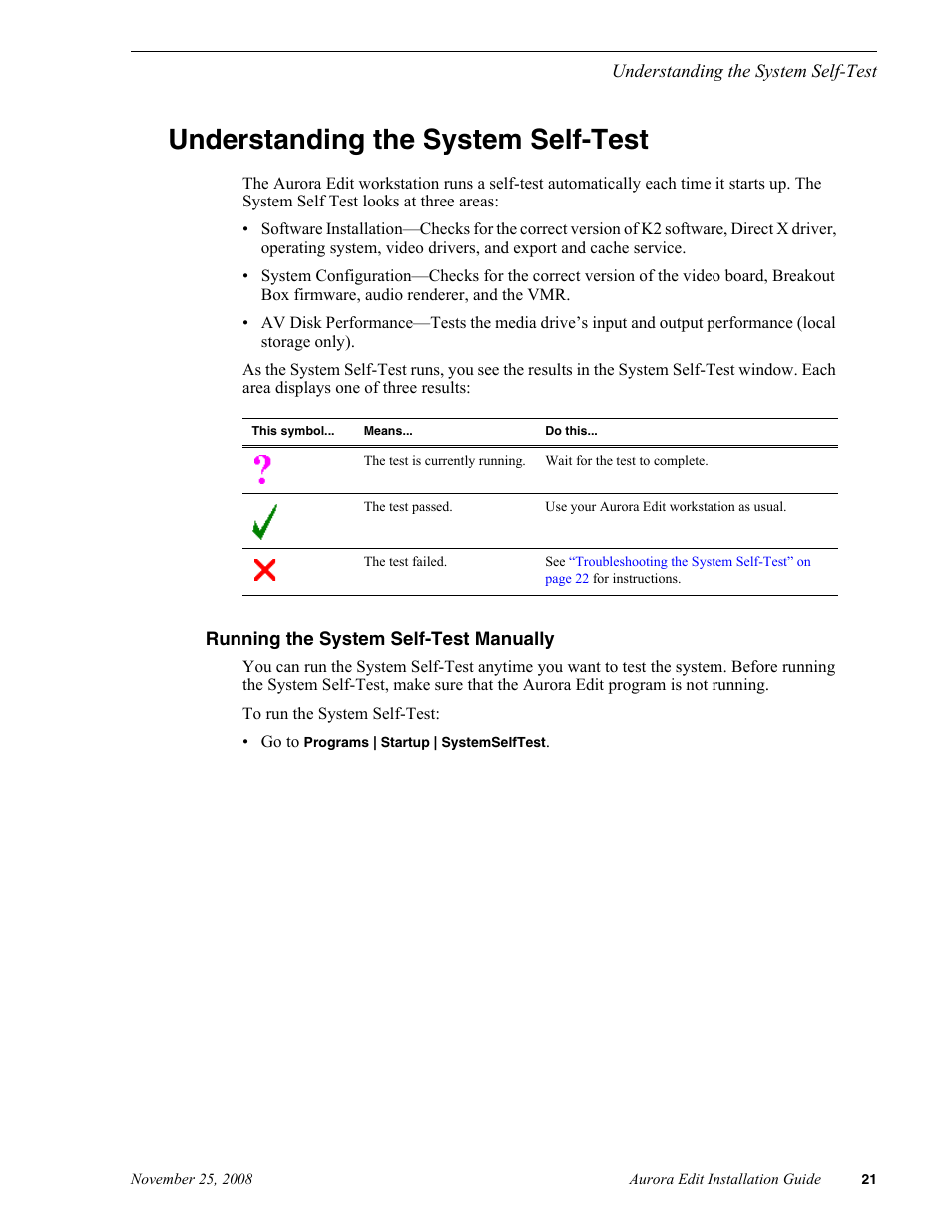 Understanding the system self-test, Running the system self-test manually | Grass Valley Aurora Edit LD v.6.5 Installation User Manual | Page 35 / 114