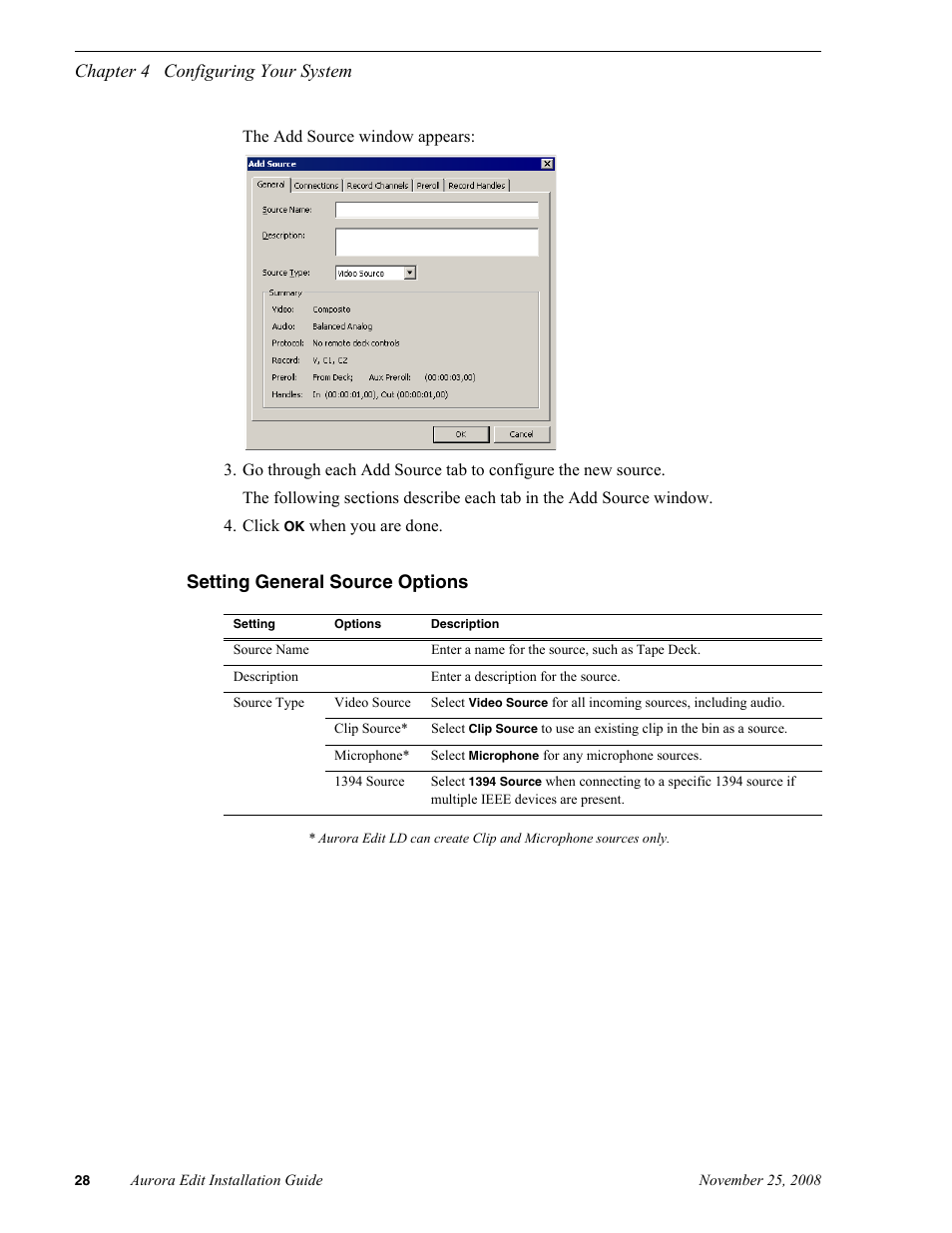 Setting general source options, Chapter 4 configuring your system | Grass Valley Aurora Edit LD v.6.5 Installation User Manual | Page 42 / 114