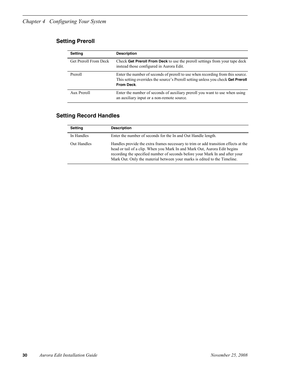 Setting preroll, Setting record handles | Grass Valley Aurora Edit LD v.6.5 Installation User Manual | Page 44 / 114