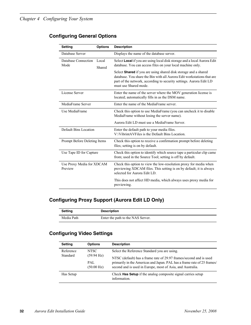 Configuring general options, Configuring proxy support (aurora edit ld only), Configuring video settings | Grass Valley Aurora Edit LD v.6.5 Installation User Manual | Page 46 / 114