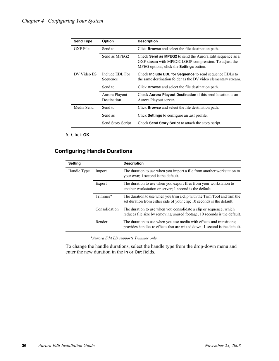 Configuring handle durations, Chapter 4 configuring your system | Grass Valley Aurora Edit LD v.6.5 Installation User Manual | Page 50 / 114