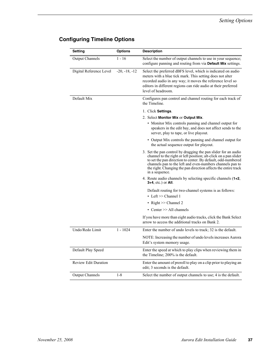 Configuring timeline options, Imeline, Setting options configuring timeline options | Grass Valley Aurora Edit LD v.6.5 Installation User Manual | Page 51 / 114