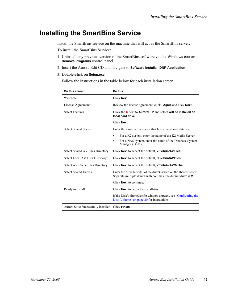 Installing the smartbins service, Installing the smartbins service” on | Grass Valley Aurora Edit LD v.6.5 Installation User Manual | Page 59 / 114