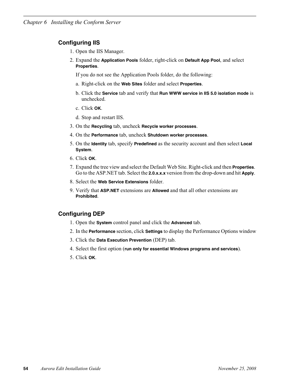 Configuring iis, Configuring dep | Grass Valley Aurora Edit LD v.6.5 Installation User Manual | Page 68 / 114