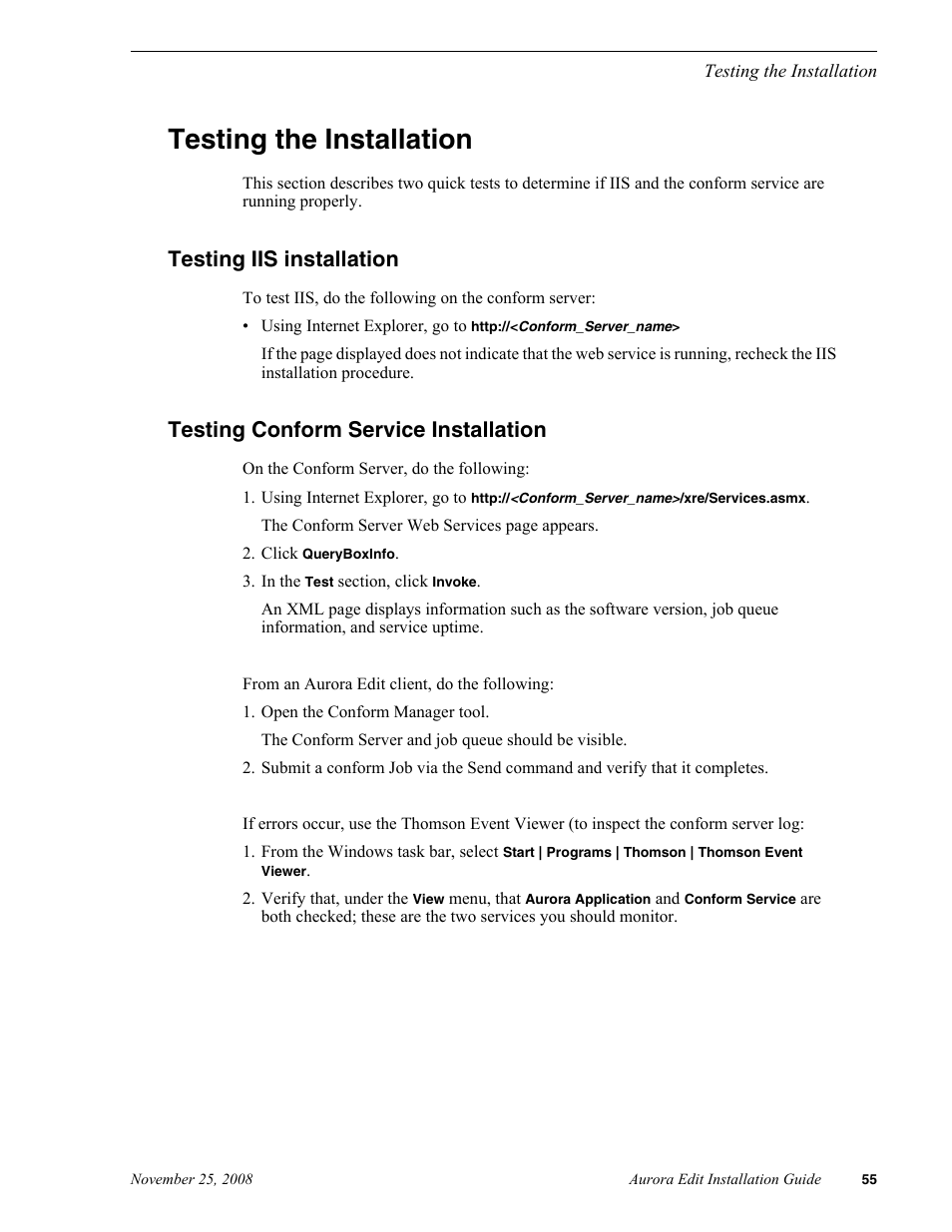 Testing the installation, Testing iis installation, Testing conform service installation | Grass Valley Aurora Edit LD v.6.5 Installation User Manual | Page 69 / 114