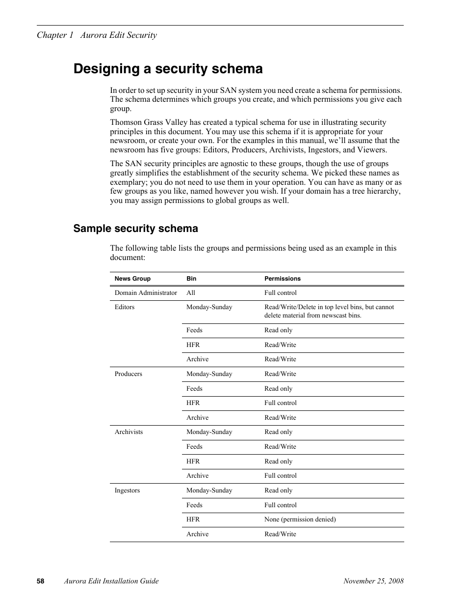 Designing a security schema, Sample security schema | Grass Valley Aurora Edit LD v.6.5 Installation User Manual | Page 72 / 114