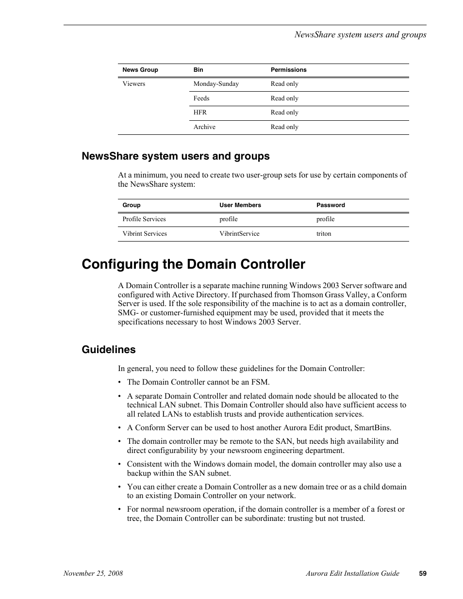 Newsshare system users and groups, Configuring the domain controller, Guidelines | Grass Valley Aurora Edit LD v.6.5 Installation User Manual | Page 73 / 114