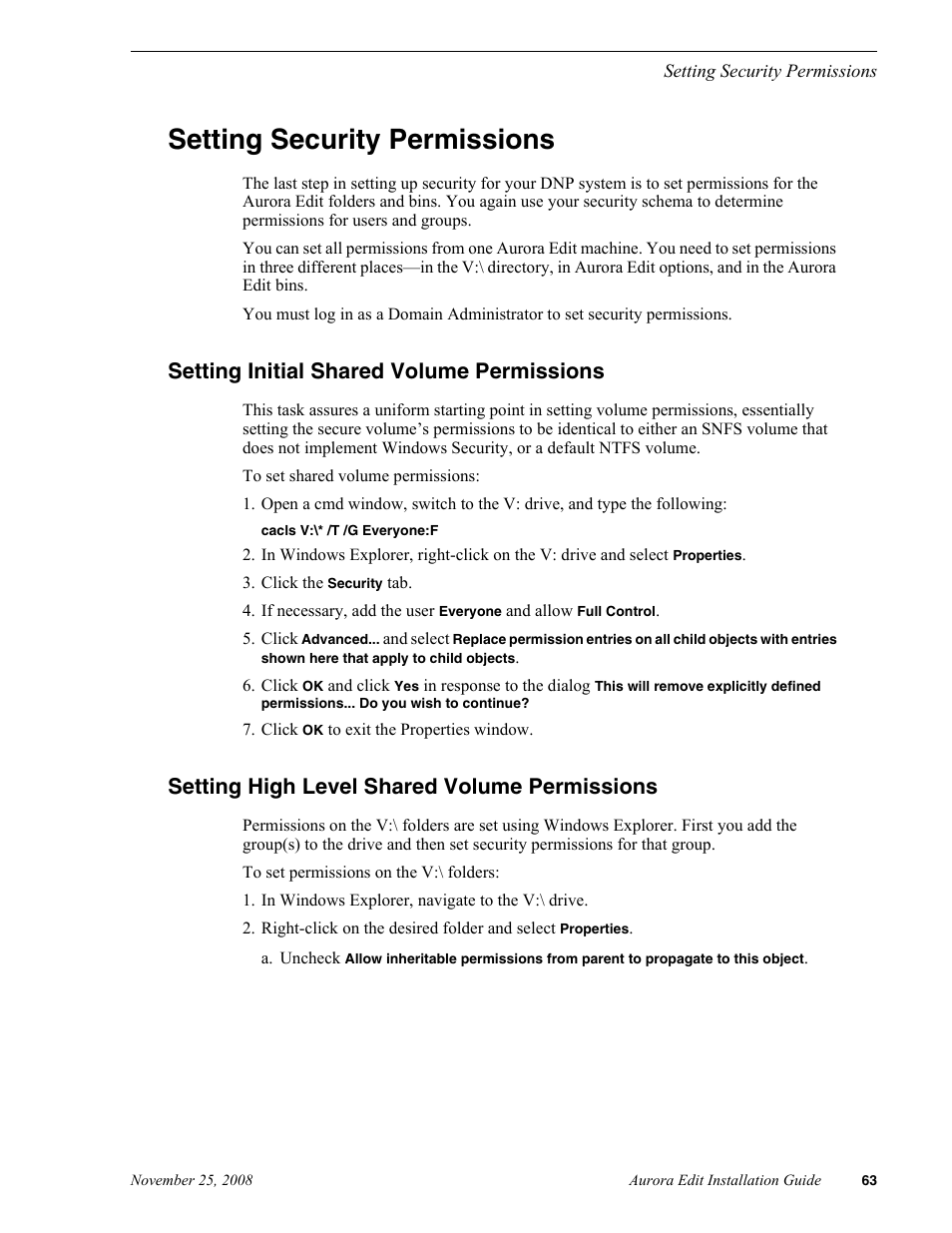 Setting security permissions, Setting initial shared volume permissions, Setting high level shared volume permissions | Grass Valley Aurora Edit LD v.6.5 Installation User Manual | Page 77 / 114