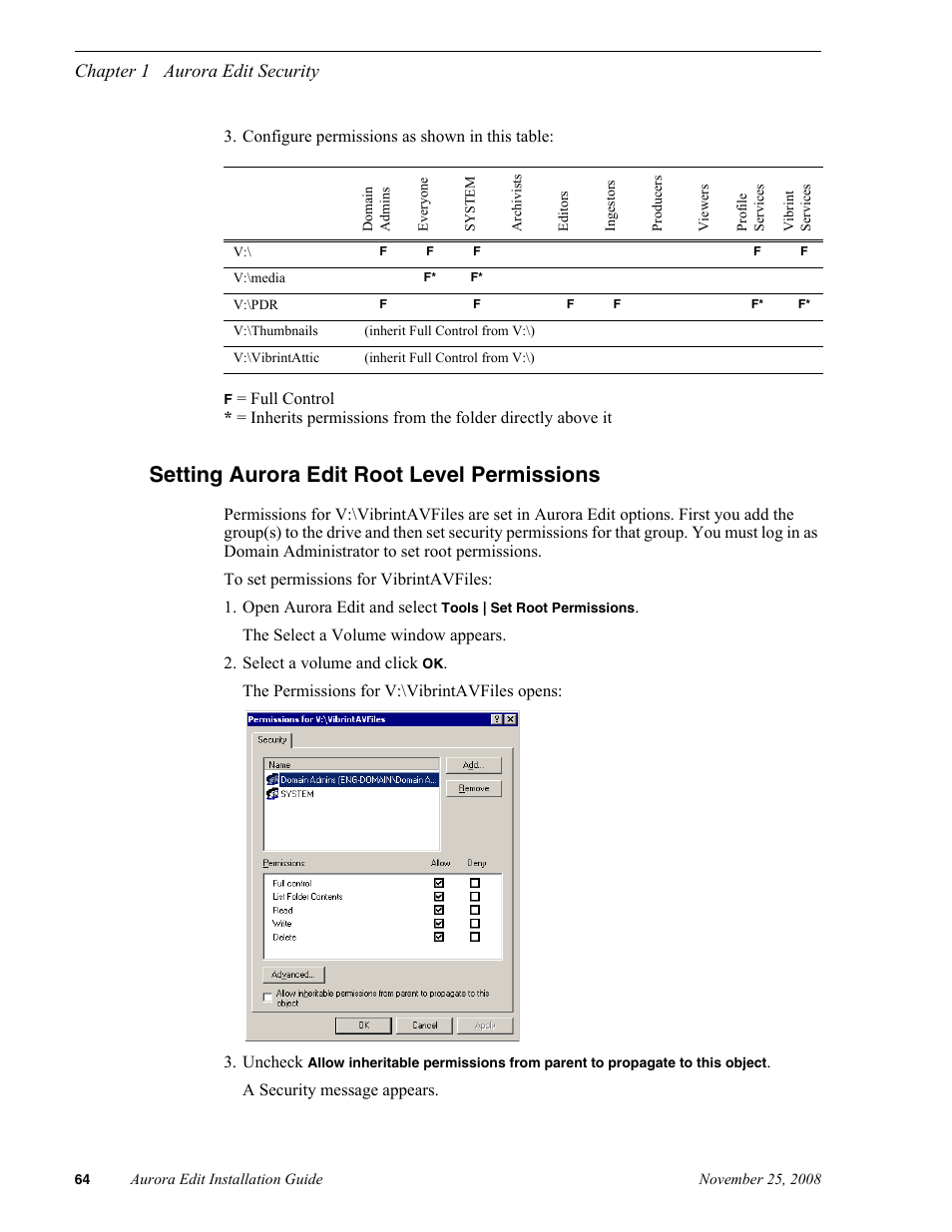 Setting aurora edit root level permissions, Chapter 1 aurora edit security | Grass Valley Aurora Edit LD v.6.5 Installation User Manual | Page 78 / 114