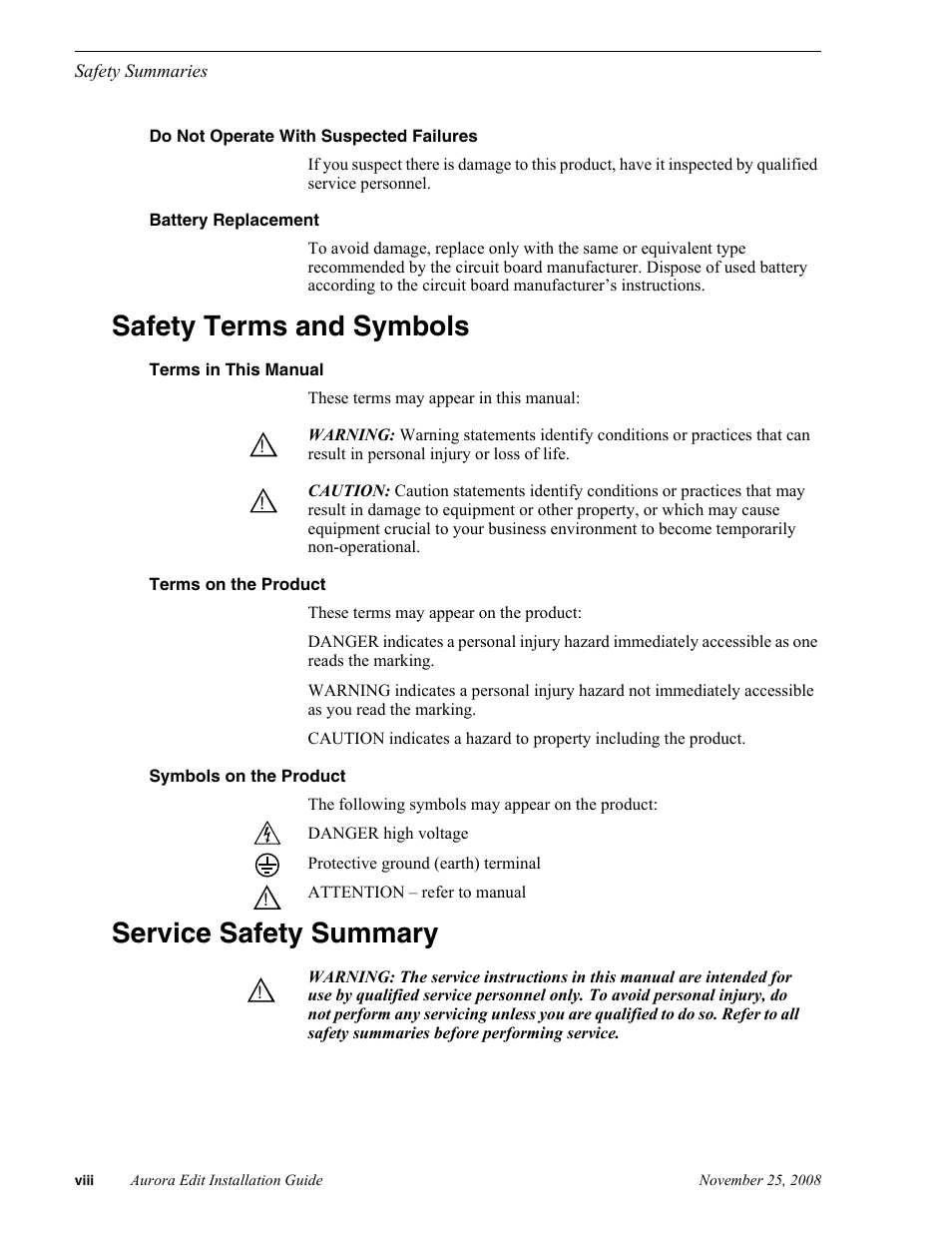 Safety terms and symbols, Service safety summary | Grass Valley Aurora Edit LD v.6.5 Installation User Manual | Page 8 / 114