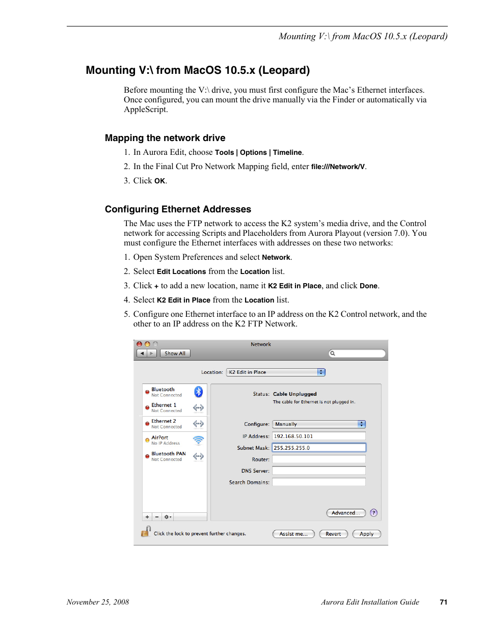 Mounting v:\ from macos 10.5.x (leopard), Mapping the network drive, Configuring ethernet addresses | Grass Valley Aurora Edit LD v.6.5 Installation User Manual | Page 85 / 114