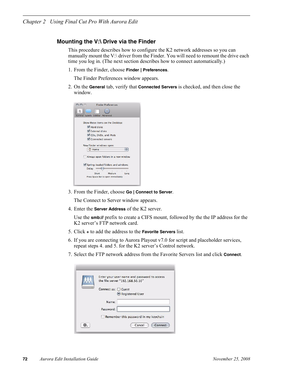 Mounting the v:\ drive via the finder | Grass Valley Aurora Edit LD v.6.5 Installation User Manual | Page 86 / 114