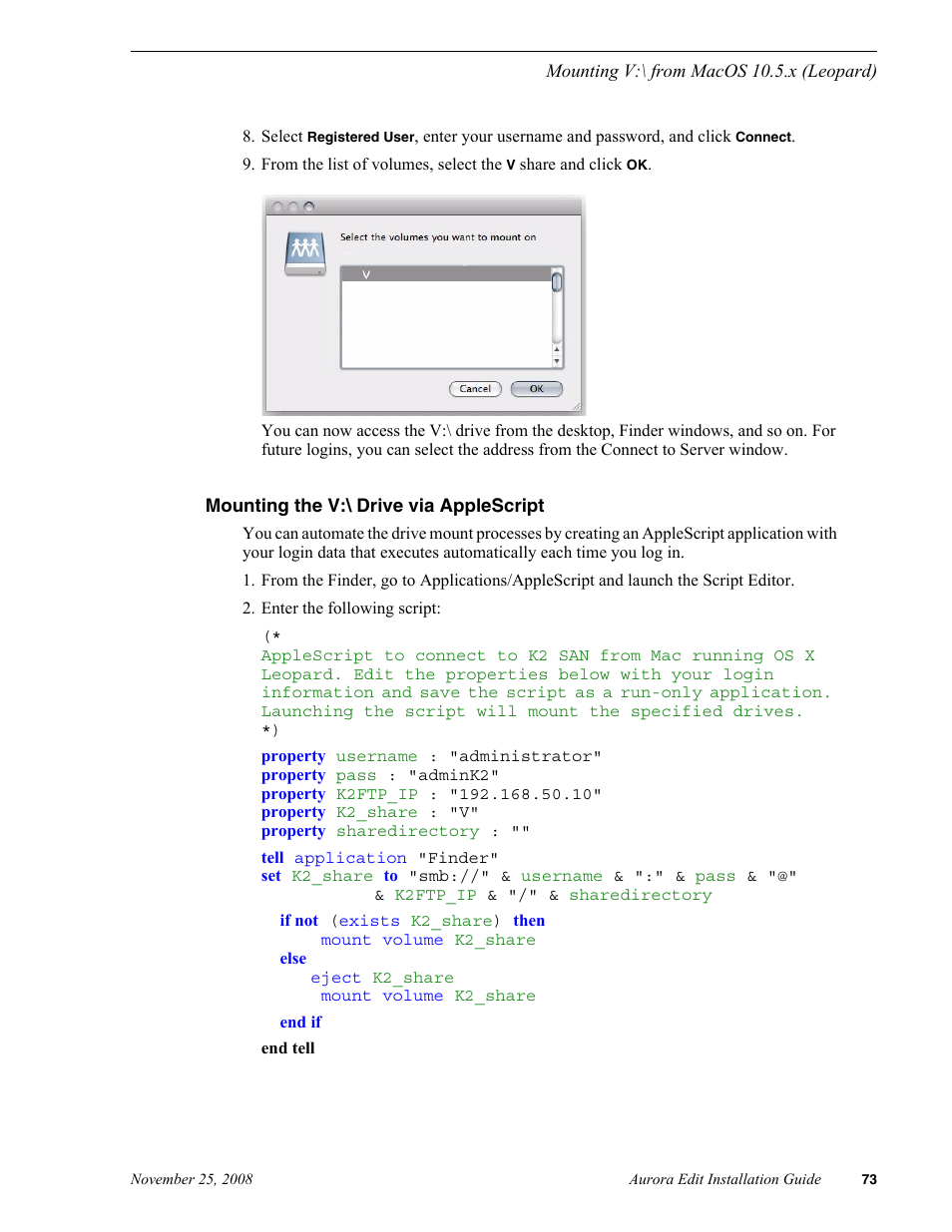 Mounting the v:\ drive via applescript | Grass Valley Aurora Edit LD v.6.5 Installation User Manual | Page 87 / 114