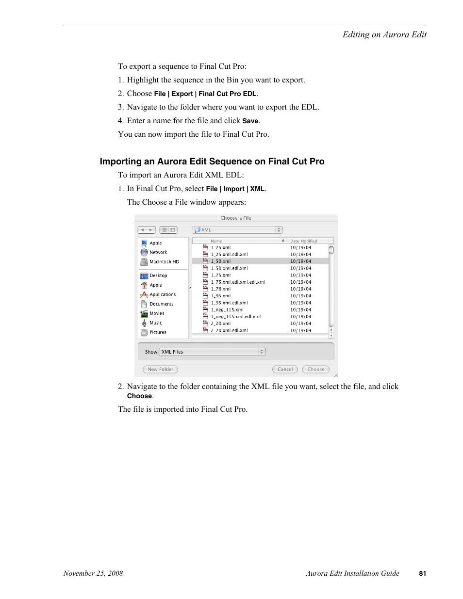 Importing an aurora edit sequence on final cut pro | Grass Valley Aurora Edit LD v.6.5 Installation User Manual | Page 95 / 114