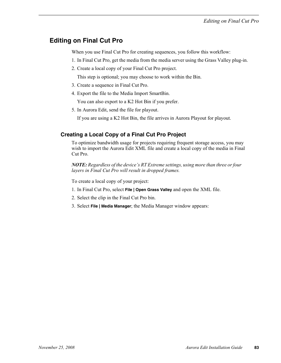 Editing on final cut pro, Creating a local copy of a final cut pro project | Grass Valley Aurora Edit LD v.6.5 Installation User Manual | Page 97 / 114