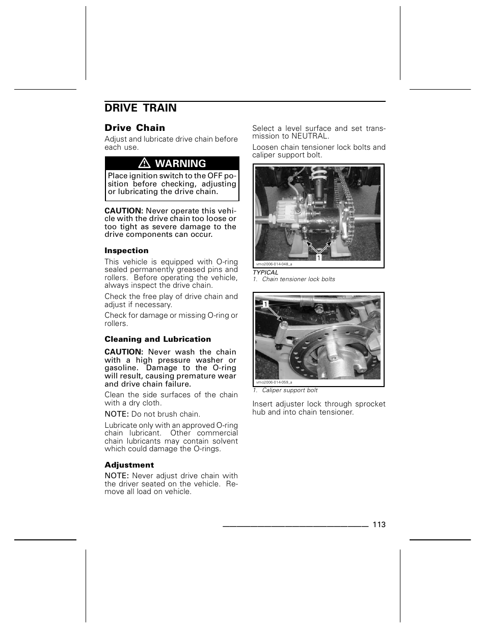 Drive train, Drive chain, Inspection | Cleaning and lubrication, Adjustment, Warning | Can-Am DS250 User Manual | Page 115 / 140