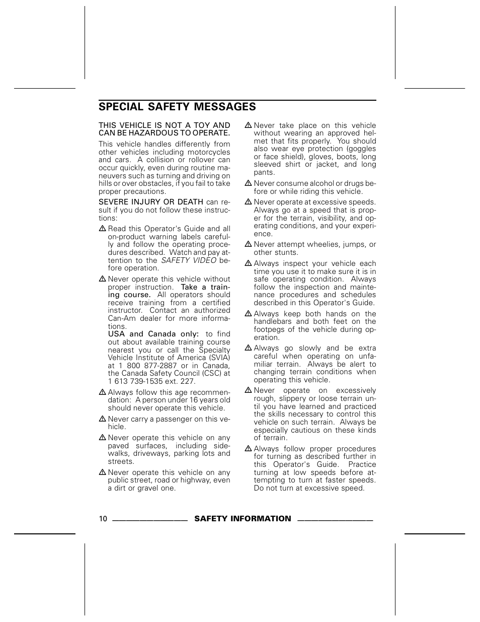 Special safety messages | Can-Am DS250 User Manual | Page 12 / 140
