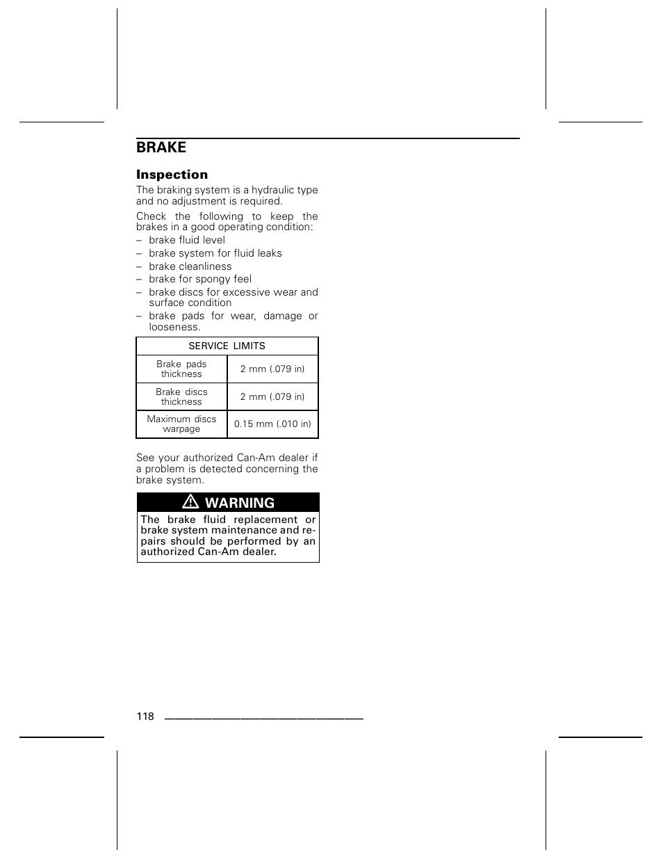 Brake, Inspection | Can-Am DS250 User Manual | Page 120 / 140