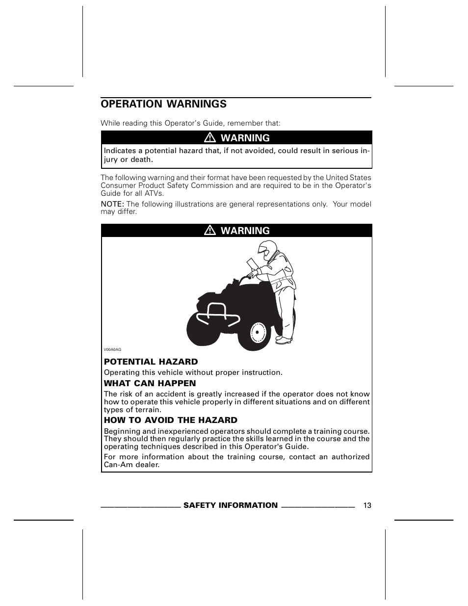 Operation warnings | Can-Am DS250 User Manual | Page 15 / 140