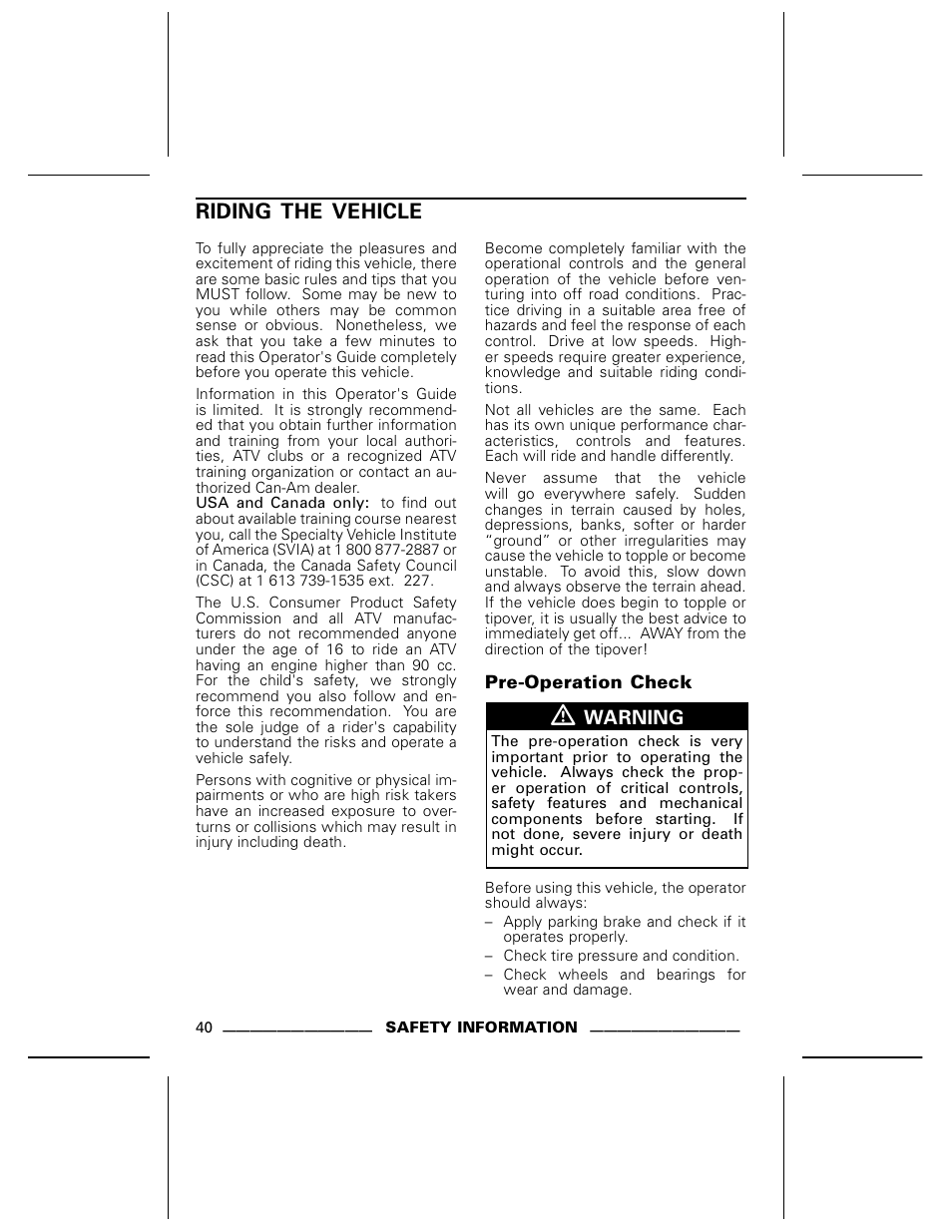 Riding the vehicle, Pre-operation check | Can-Am DS250 User Manual | Page 42 / 140