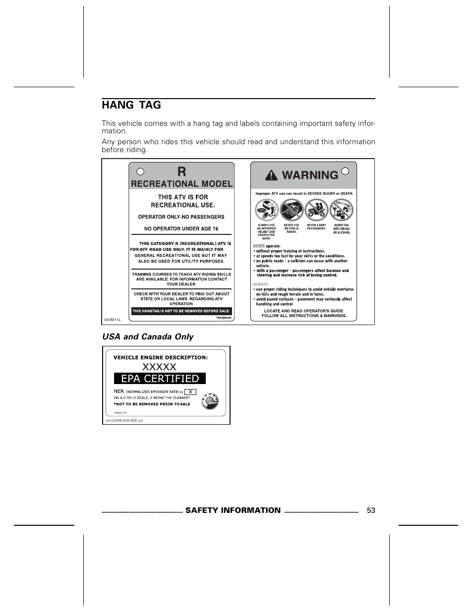 Hang tag | Can-Am DS250 User Manual | Page 55 / 140