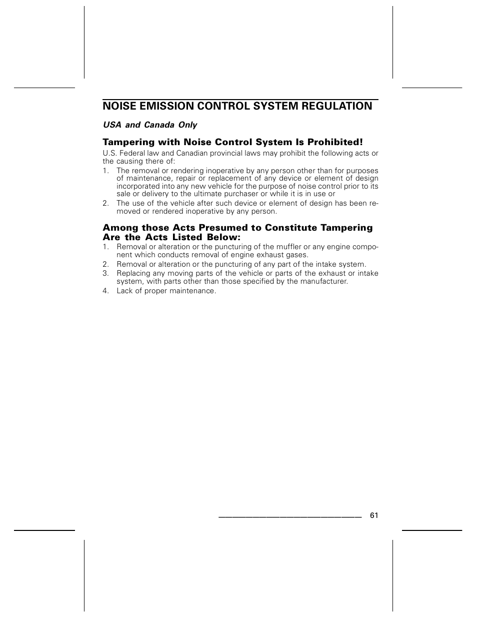 Noise emission control system regulation, Tampering with noise control system is prohibited | Can-Am DS250 User Manual | Page 63 / 140