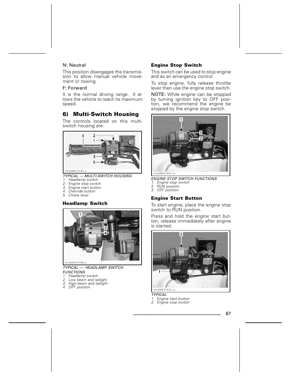 Headlamp switch, Engine stop switch, Engine start button | 6) multi-switch housing | Can-Am DS250 User Manual | Page 69 / 140