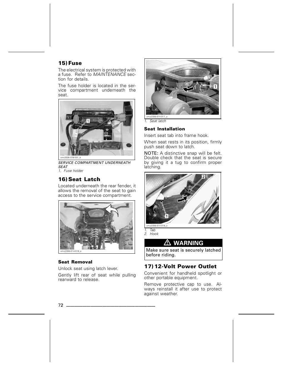 Seat removal, Seat installation, Warning | Can-Am DS250 User Manual | Page 74 / 140