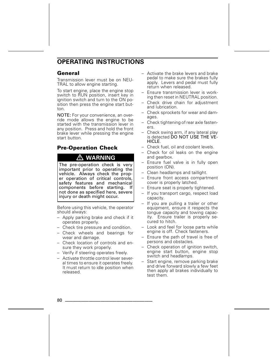 Operating instructions, General, Pre-operation check | Can-Am DS250 User Manual | Page 82 / 140