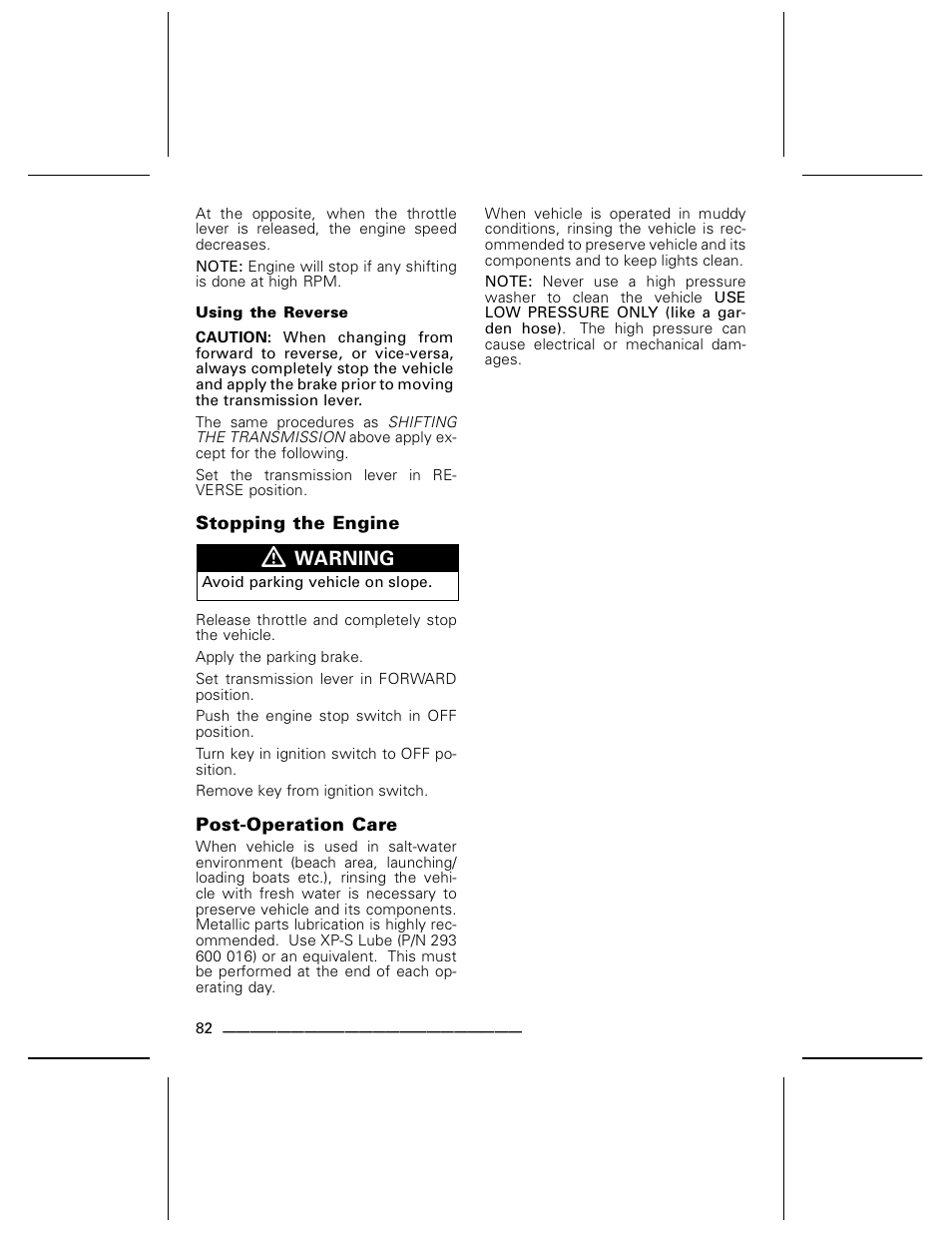 Using the reverse, Stopping the engine, Post-operation care | Can-Am DS250 User Manual | Page 84 / 140