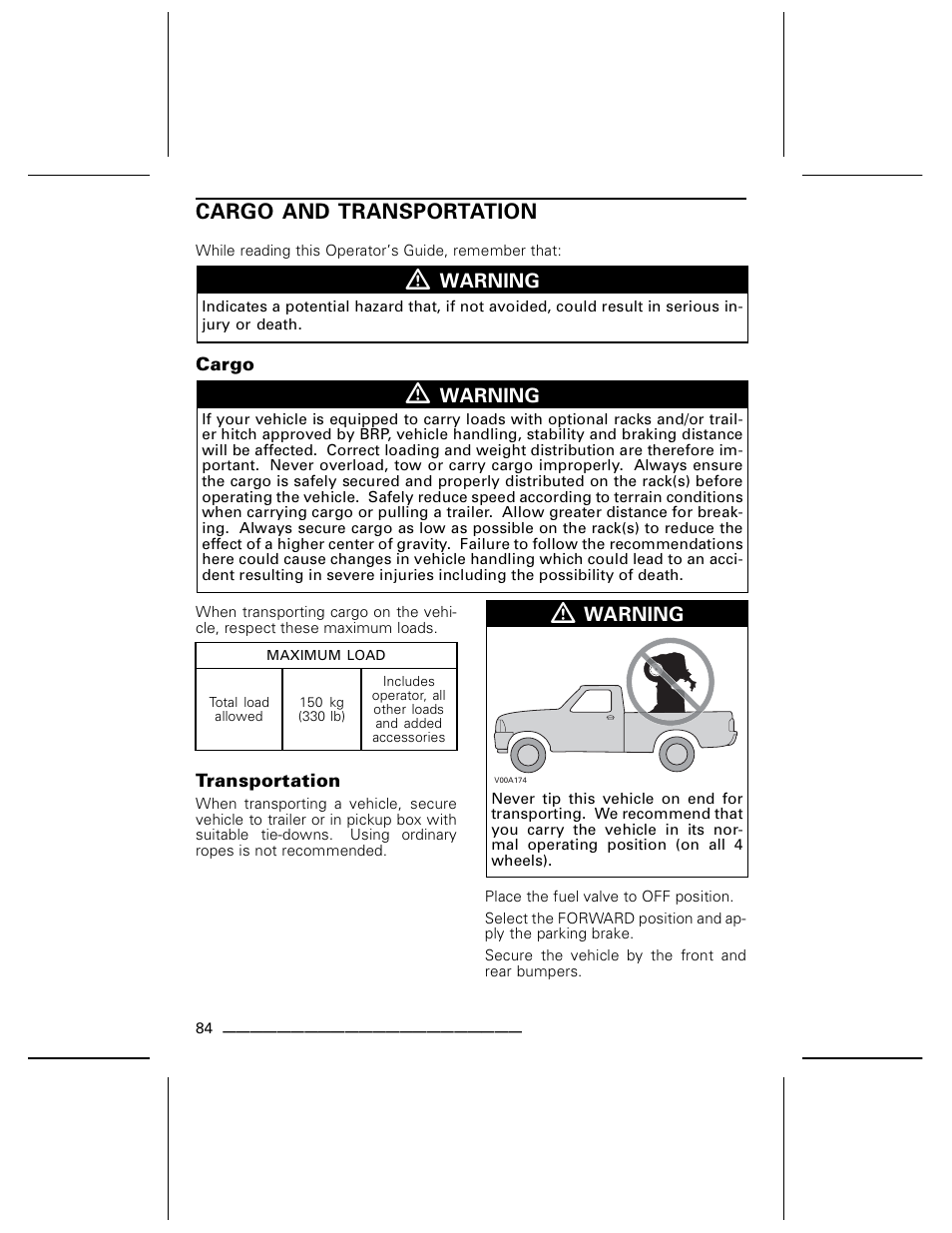 Cargo and transportation, Cargo, Transportation | Can-Am DS250 User Manual | Page 86 / 140