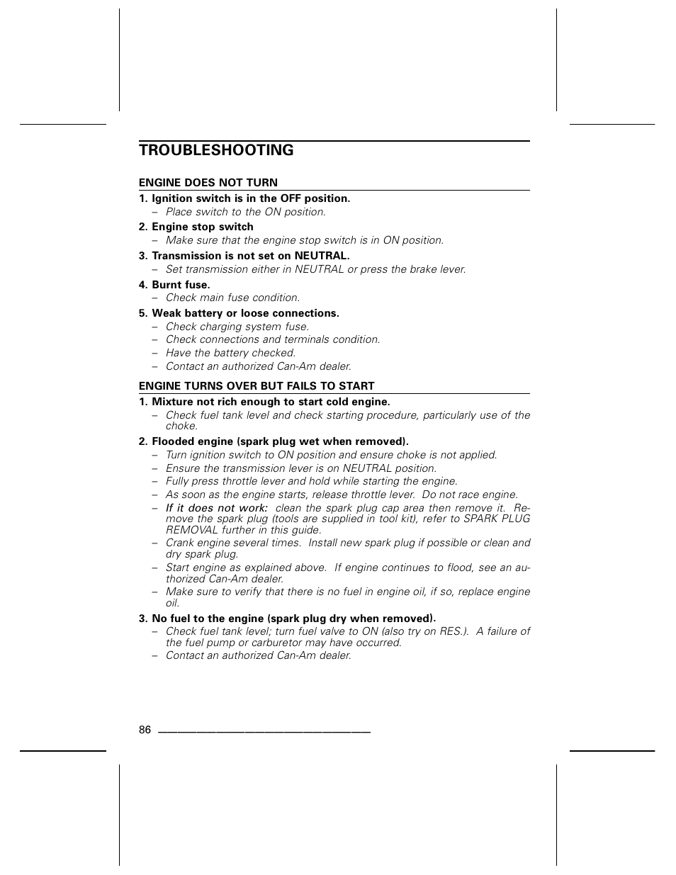 Troubleshooting, Engine does not turn, Engine turns over but fails to start | Can-Am DS250 User Manual | Page 88 / 140