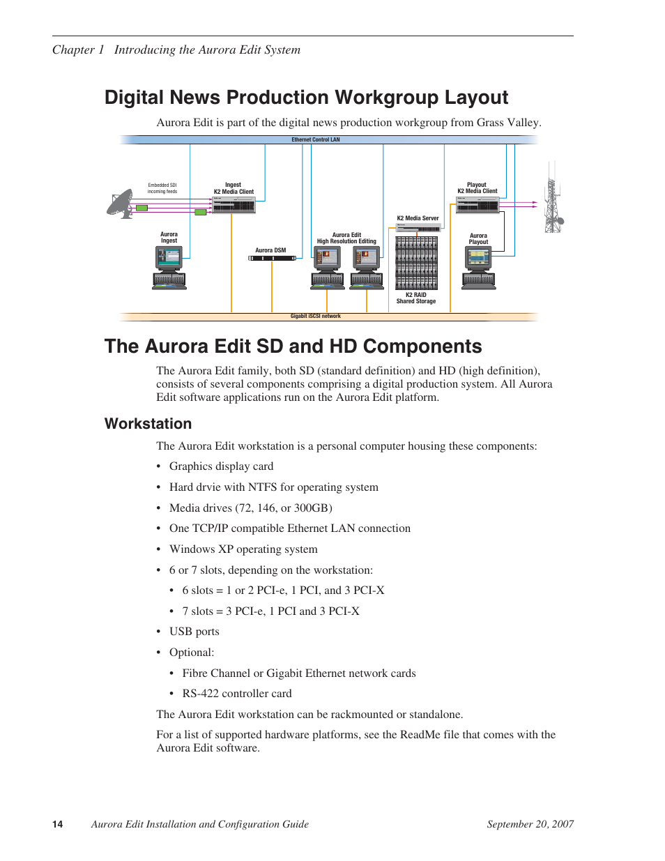 Digital news production workgroup layout, The aurora edit sd and hd components, Workstation | Grass Valley Aurora Edit LD v.6.3 Installation User Manual | Page 14 / 86