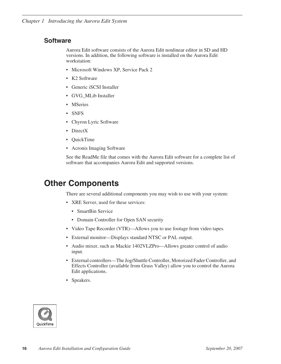 Software, Other components | Grass Valley Aurora Edit LD v.6.3 Installation User Manual | Page 16 / 86