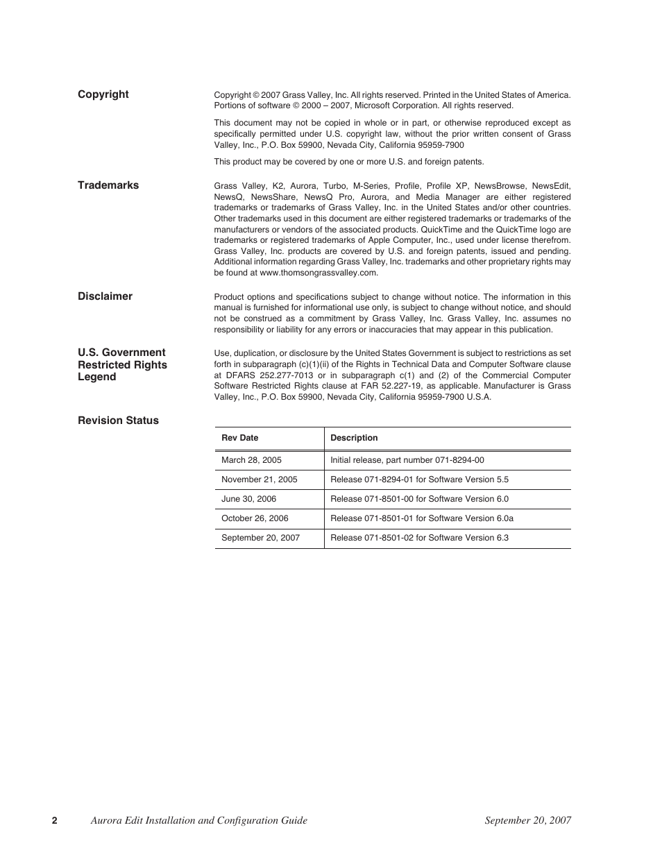 Grass Valley Aurora Edit LD v.6.3 Installation User Manual | Page 2 / 86