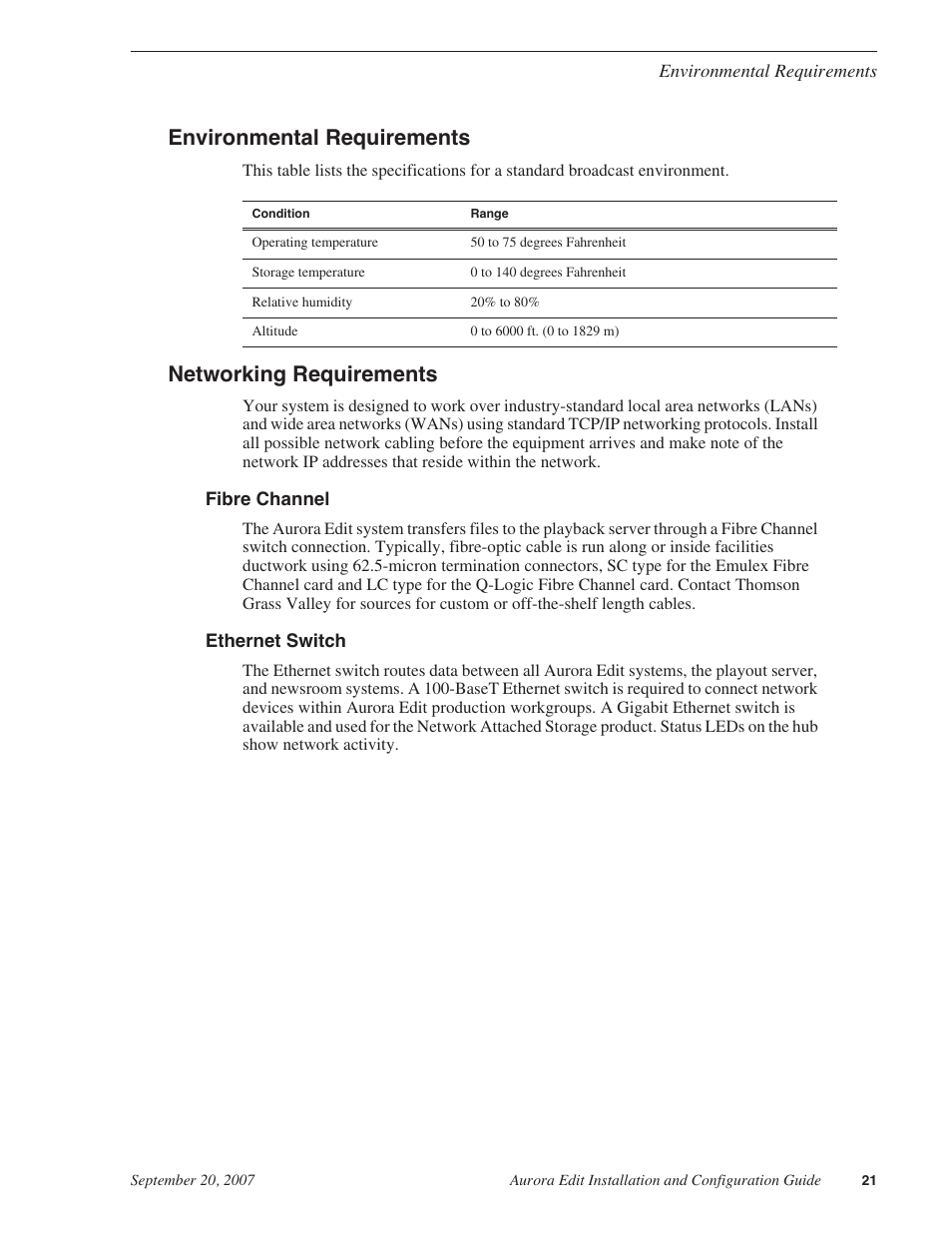 Environmental requirements, Networking requirements, Fibre channel | Ethernet switch, Environmental requirements networking requirements | Grass Valley Aurora Edit LD v.6.3 Installation User Manual | Page 21 / 86