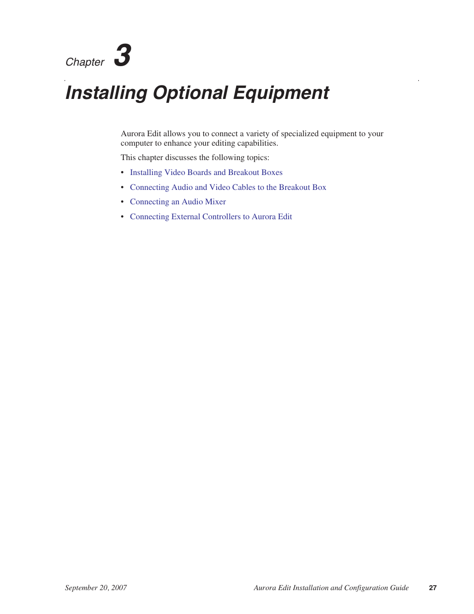 Installing optional equipment, Chapter 3 | Grass Valley Aurora Edit LD v.6.3 Installation User Manual | Page 27 / 86