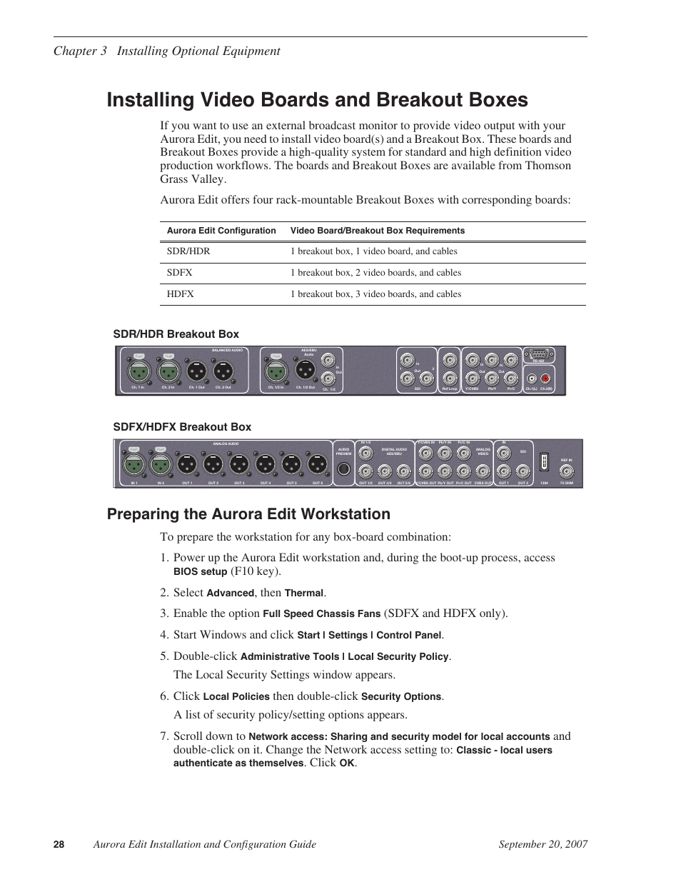 Installing video boards and breakout boxes, Preparing the aurora edit workstation, Chapter 3 installing optional equipment | F10 key). 2. select, Then, Enable the option, Sdfx and hdfx only). 4. start windows and click, Double-click, Then double-click, Click | Grass Valley Aurora Edit LD v.6.3 Installation User Manual | Page 28 / 86