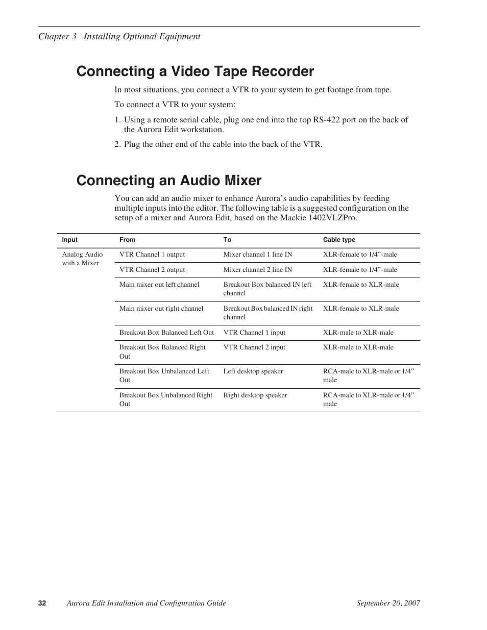 Connecting a video tape recorder, Connecting an audio mixer | Grass Valley Aurora Edit LD v.6.3 Installation User Manual | Page 32 / 86