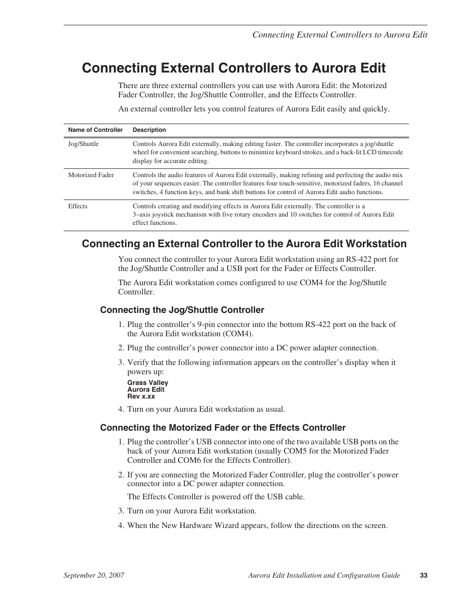 Connecting external controllers to aurora edit, Connecting the jog/shuttle controller | Grass Valley Aurora Edit LD v.6.3 Installation User Manual | Page 33 / 86