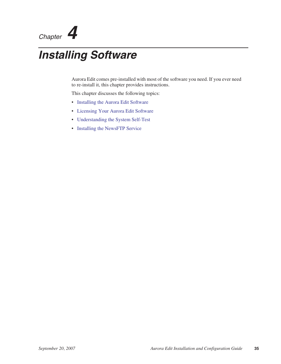 Installing software, Chapter 4 | Grass Valley Aurora Edit LD v.6.3 Installation User Manual | Page 35 / 86