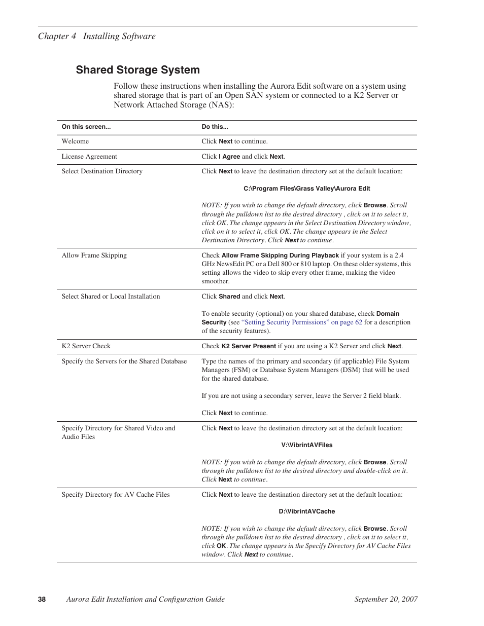 Shared storage system, Chapter 4 installing software | Grass Valley Aurora Edit LD v.6.3 Installation User Manual | Page 38 / 86