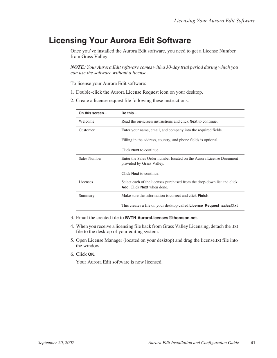 Licensing your aurora edit software | Grass Valley Aurora Edit LD v.6.3 Installation User Manual | Page 41 / 86