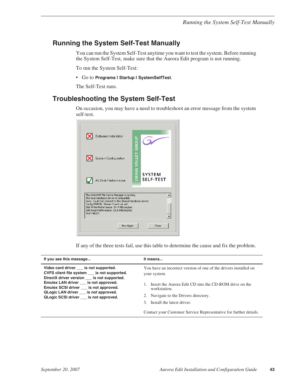 Running the system self-test manually, Troubleshooting the system self-test | Grass Valley Aurora Edit LD v.6.3 Installation User Manual | Page 43 / 86