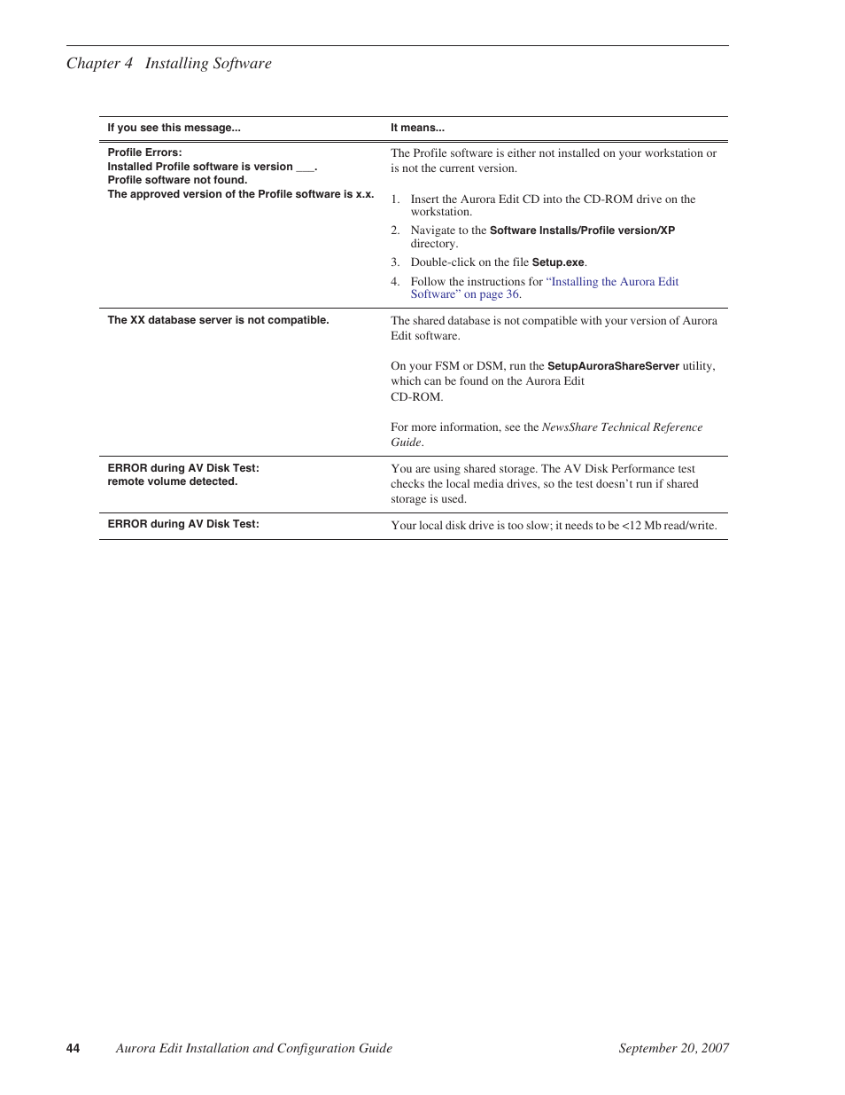 Chapter 4 installing software | Grass Valley Aurora Edit LD v.6.3 Installation User Manual | Page 44 / 86