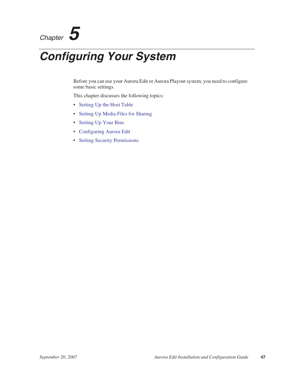 Configuring your system, Chapter 5 | Grass Valley Aurora Edit LD v.6.3 Installation User Manual | Page 47 / 86