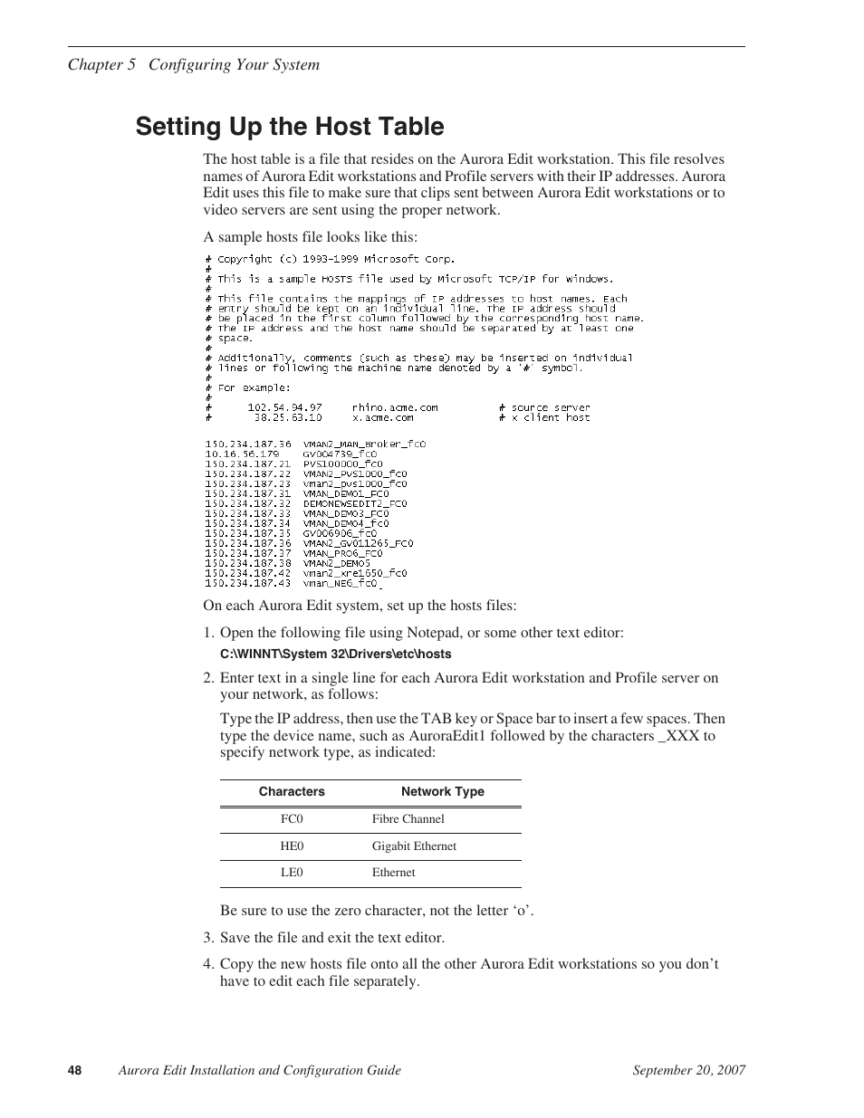 Setting up the host table | Grass Valley Aurora Edit LD v.6.3 Installation User Manual | Page 48 / 86
