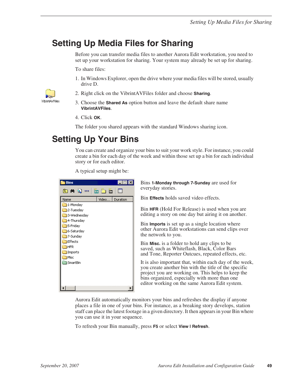 Setting up media files for sharing, Setting up your bins | Grass Valley Aurora Edit LD v.6.3 Installation User Manual | Page 49 / 86