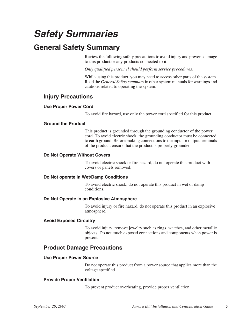 Safety summaries, General safety summary | Grass Valley Aurora Edit LD v.6.3 Installation User Manual | Page 5 / 86